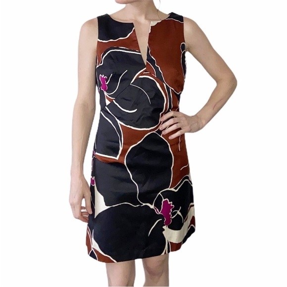 TRINA TURK Silk Patterned Dress Brown Black‎ Mini Size 8 Vermillion Elsa Work - Picture 2 of 9